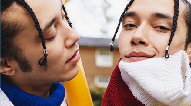 Twin brothers Clint and Lee layer in knits from Raf Simons, AMI, and Sacai.