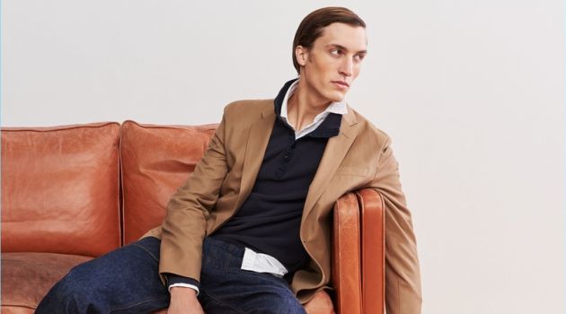 1. Relaxed Tailoring: J.Crew makes a case for its wool unstructured blazer. Model Tim Dibble layers it with a polo and oxford shirt. He also wears Wallace & Barnes jeans and Adidas Stan Smith sneakers.