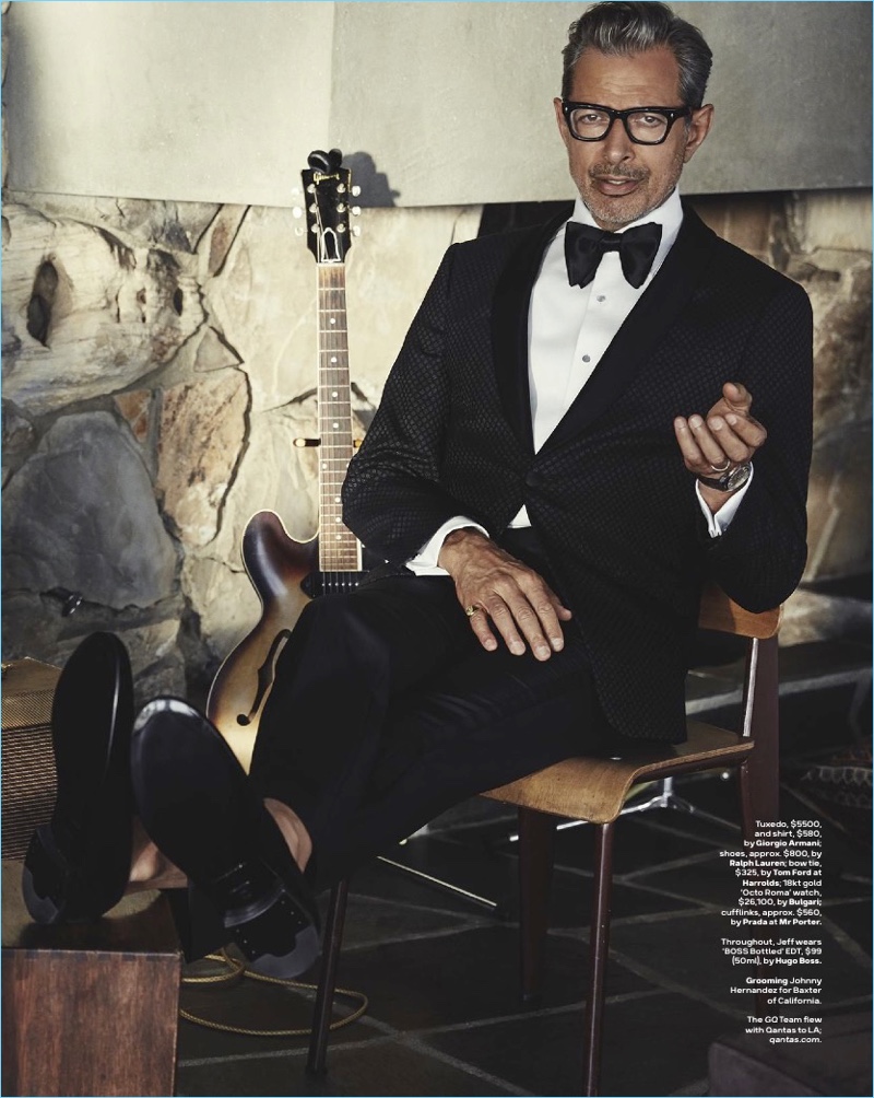 Starring in a photo shoot, Jeff Goldblum wears a shirt and tuxedo by Giorgio Armani. He also wears Ralph Lauren shoes and a Tom Ford bow-tie.