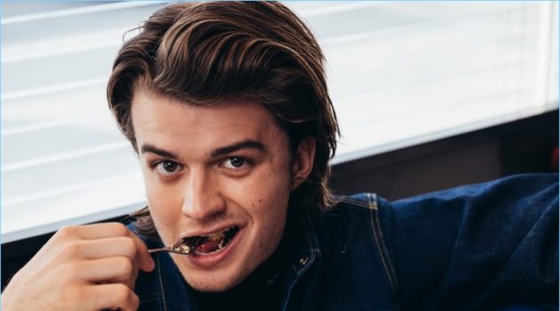 Enjoying breakfast at Beautys Luncheonette, Joe Keery wears a Calvin Klein turtleneck and denim jacket.