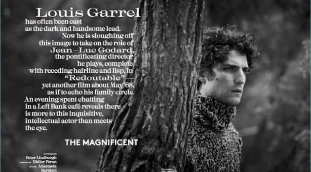 Louis Garrel wears a Saint Laurent sweater for Vogue Hommes Paris.