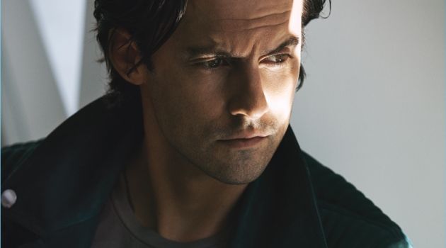 Starring in a photo shoot, Milo Ventimiglia sports a suede Burberry jacket with a Kenneth Cole t-shirt.