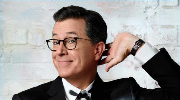 Hamming it up for the camera, Stephen Colbert wears a tuxedo by Ralph Lauren.