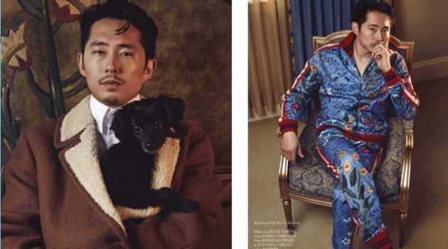 Clad in Gucci, Steven Yeun stars in a photo shoot for Glass Men.