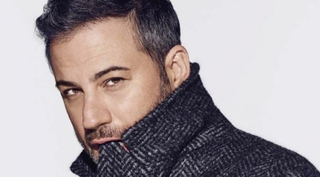 Starring in a photo shoot, Jimmy Kimmel wears a Prada coat and shirt.