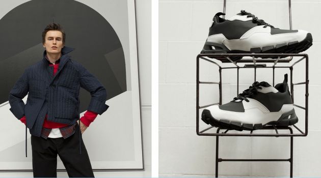 Left: Posing front and center, Jack Chambers wears a quilted Craig Green jacket with a red J.W. Anderson sweatshirt. A Burberry check shirt, Martine Rose t-shirt, and Oliver Spencer trousers complete his look. Right: Prada mesh sneakers.