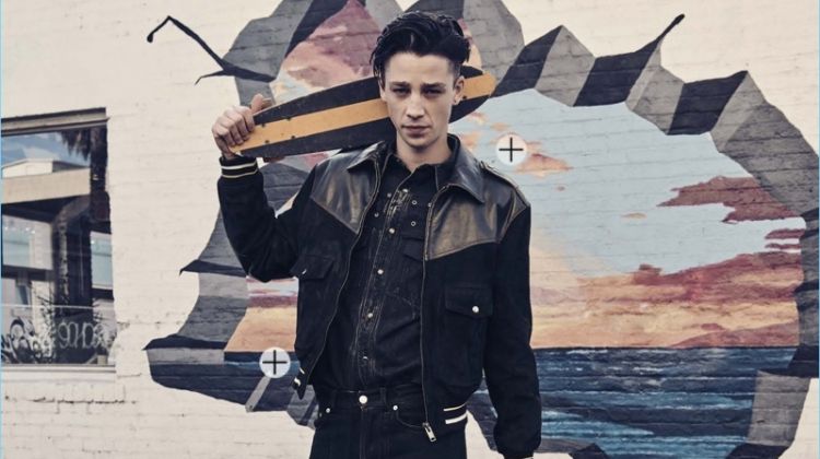 Model Ash Stymest makes a denim statement in Givenchy.