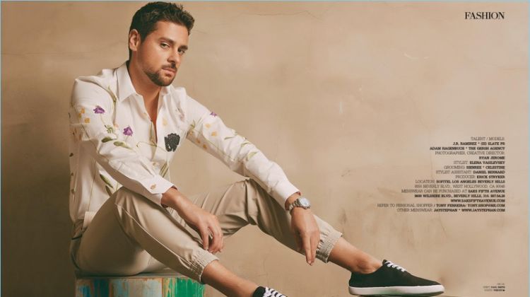 Actor J.R. Ramirez sports a Paul Smith shirt with pants by Theory.