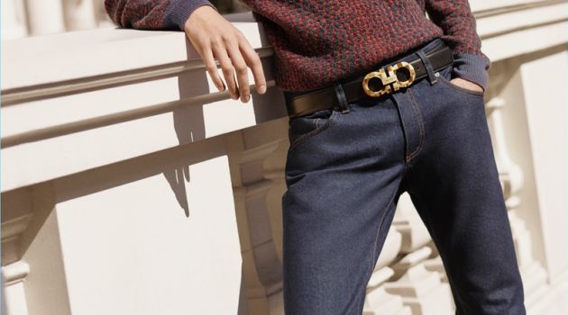 Model Piero Méndez sports Salvatore Ferragamo's Switch belt.