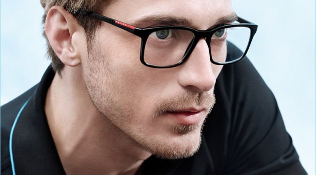 Clément Chabernaud is smart in glasses for Prada Linea Rossa's campaign.