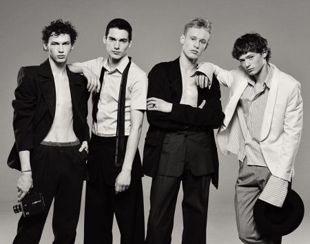 Left to Right: Dima wears jacket and pants Roksanda Illincic. Misha wears shirt, pants, and tie Dior Homme. Dmitry wears jacket and pants Maison Margiela. Artem wears jacket Saint Laurent, shirt COS, and pants ASOS.