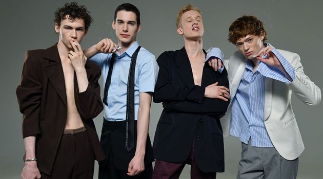 Left to Right: Dima wears jacket and pants Roksanda Illincic. Misha wears shirt, pants, and tie Dior Homme. Dmitry wears jacket and pants Maison Margiela. Artem wears jacket Saint Laurent, shirt COS, and pants ASOS.