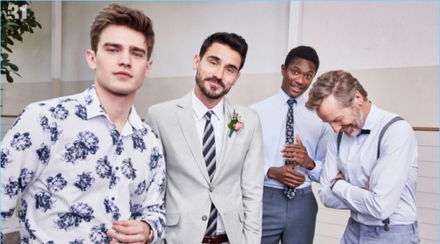 Soft blues hues and floral prints come together from LE 31. Models Bo Develius, Arthur Kulkov, Hamid Onifade, and Rainer Andreesen don smart tailored pieces for this year's wedding season. Arthur is dashing in a grey Bosco chambray cotton-linen suit.