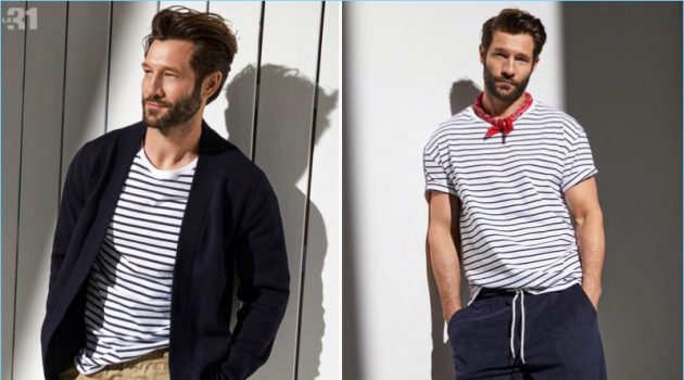 Left: John Halls wears a cardigan, striped t-shirt, and linen/cotton pants by LE 31. Right: The model sports LE 31's striped t-shirt, bouclé terry shorts, and a paisley bandana.