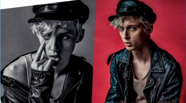 Embracing biker chic style, Troye Sivan stars in a photo shoot for Attitude magazine.