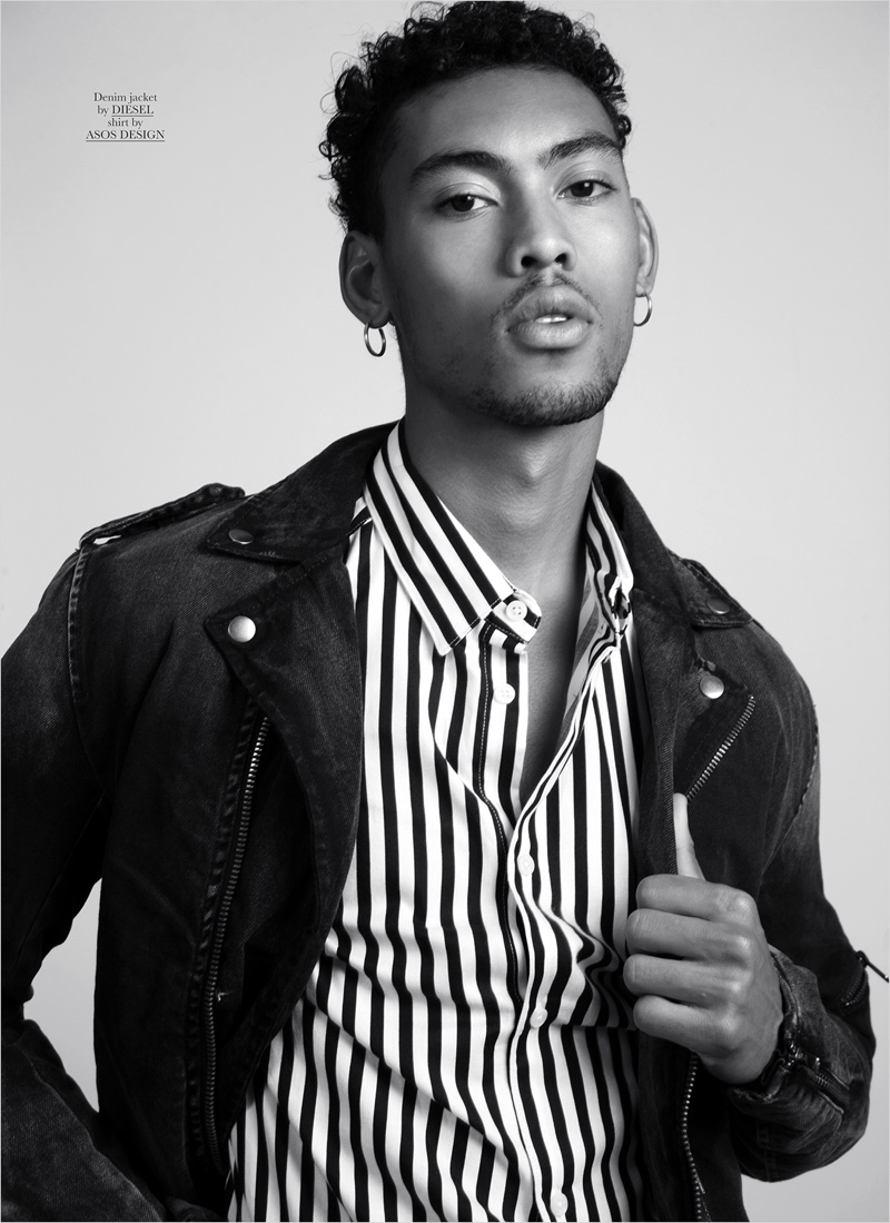 Miles wears denim jacket Diesel and striped shirt ASOS.