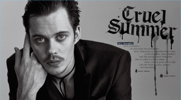 Bill Skarsgård wears a Giorgio Armani jacket and Berluti sweater.