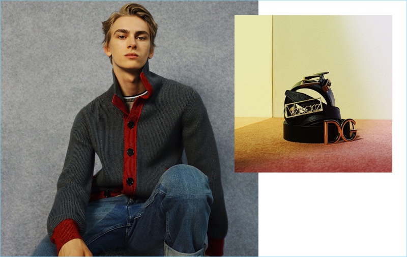 Model Dominik Sadoch rocks a Missoni cardigan, Bottega Veneta t-shirt, and Gucci jeans. Right: Belts by Gucci, Versace, and Dolce & Gabbana.