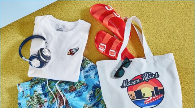 For the Kind of Crunchy: Le Specs x Double Rainbouu sunglasses, Master & Dynamic wireless headphones, Bricktown tee, Birkenstock Arizona sandals, POLO Ralph Lauren swim trunks, and Maison Kitsune tote bag.