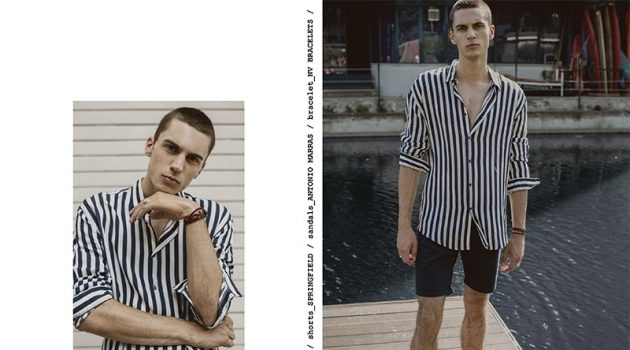 Eugen wears shirt Commune de Paris, shorts Springfield, sandals Antonio Marras, and bracelet NV Bracelets.