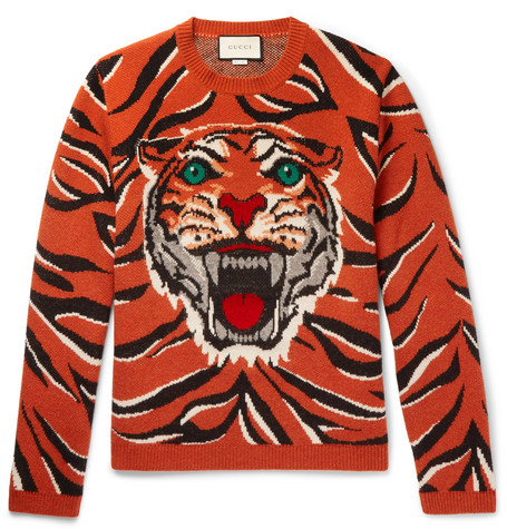 Embroidered Tiger-Intarsia Wool Sweater 