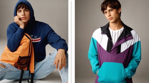 Pictured right, Louis Baines rocks a Topman color blocked windbreaker with a striped tee.