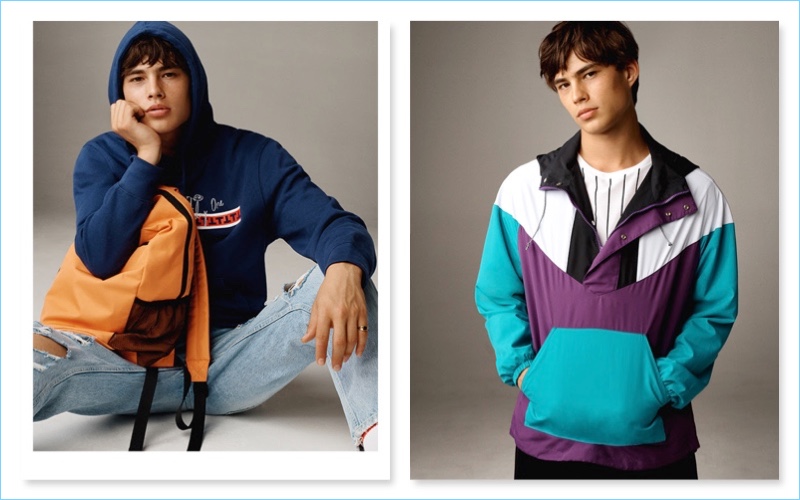 Pictured right, Louis Baines rocks a Topman color blocked windbreaker with a striped tee.