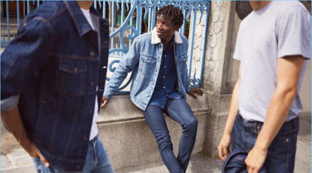 Models Ali Latif, Adonis Bosso, and Ben Allen sport denim essentials from H&M. Pictured center, Adonis dons a H&M pile-lined denim jacket, plaid oxford shirt, skinny jeans, and leather monkstrap shoes.