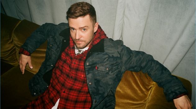 Justin Timberlake sports a camouflage jacket and hooded shirt from his Levi's collaboration.