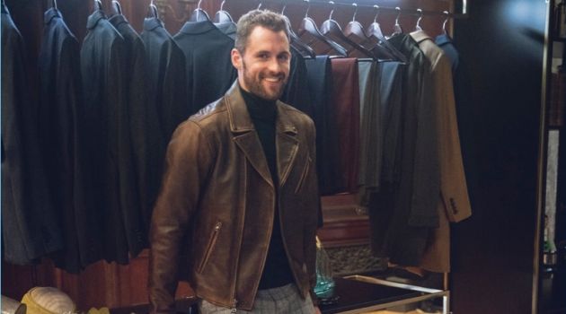 A chic but trendy vision, Kevin Love sports a brown leather biker jacket with a turtleneck sweater and windowpane print pants from his Banana Republic collaboration.