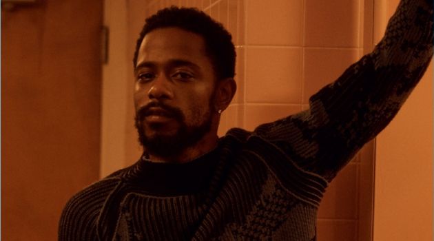 Actor Lakeith Stanfield dons a graphic sweater from Ermenegildo Zegna Couture.