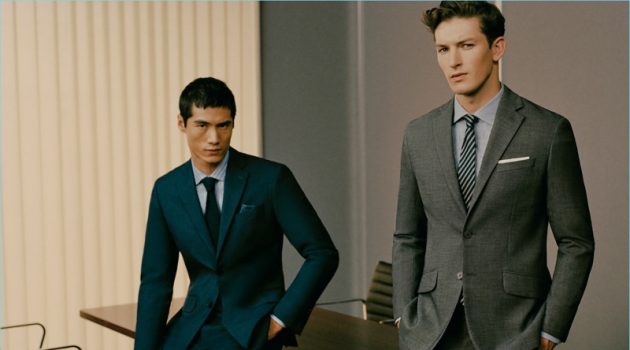 Boardroom ready, Hao Yun Xiang and Oli Lacey don dapper suits from Mango Man.