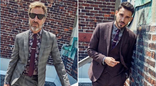 Left to Right: Rainer Andreesen wears a LE 31 floral sketch shirt and colored tie with a Bosco Prince of Wales suit. Arthur Kulkov rocks a LE 31 plum three-piece suit with a peony shirt.