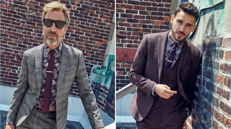 Left to Right: Rainer Andreesen wears a LE 31 floral sketch shirt and colored tie with a Bosco Prince of Wales suit. Arthur Kulkov rocks a LE 31 plum three-piece suit with a peony shirt.