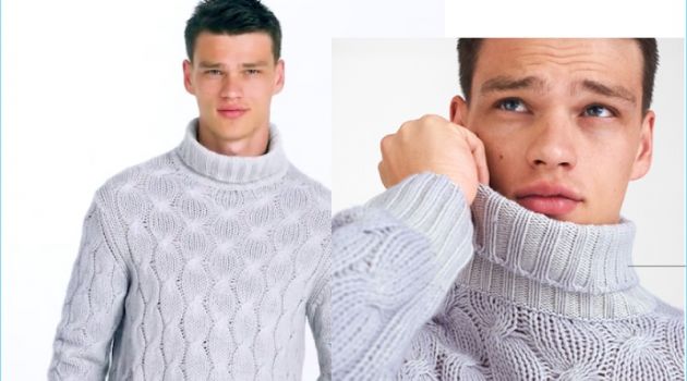 A chic vision, Filip Hrivnak sports a Cruciani cashmere turtleneck sweater.