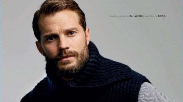 Starring in a new photo shoot, Jamie Dornan wears a Canali shirt and sweater vest with BOSS trousers.