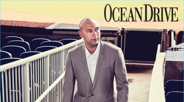 Connecting with Ocean Drive, Derek Jeter dons a two-piece wool suit by Dolce & Gabbana. He also wears an Armani Collezioni shirt and his own dress shoes.