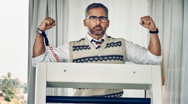 Actor Steve Carell wears a Gucci shirt and trousers with a vintage sweater vest and tie from Early Halloween, Vintage Clothing, N.Y.C. Carell also dons a Rolex watch.