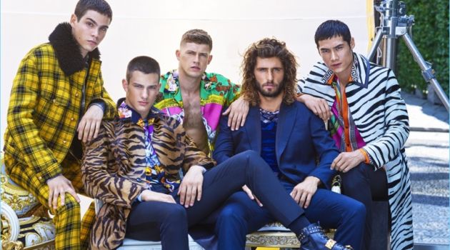 Models Federico Spinas, Ljubisa Grujic, Danny Blake, Alex Libby, and Hao Yun Xiang don Versace for GQ China.