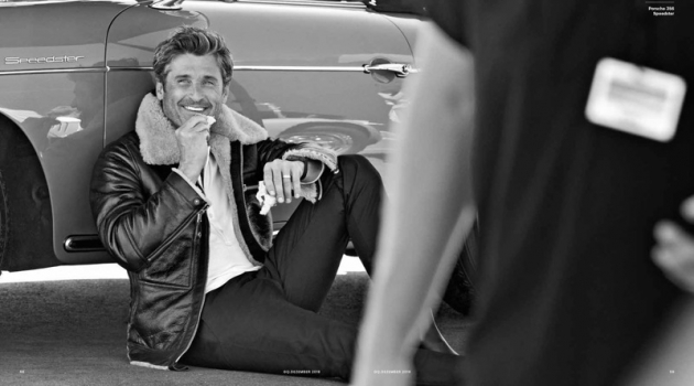 Connecting with GQ Germany, Patrick Dempsey wears a leather jacket, henley, and pants by Tom Ford. Church's boots complete Dempsey's look.