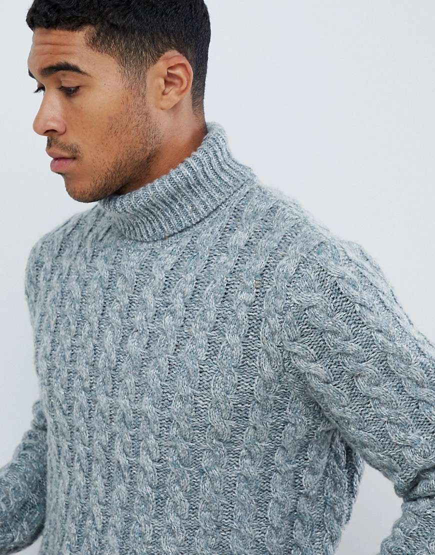Asos Design Heavyweight Cable Knit Roll Neck Sweater In Blue Twist Blue The Fashionisto