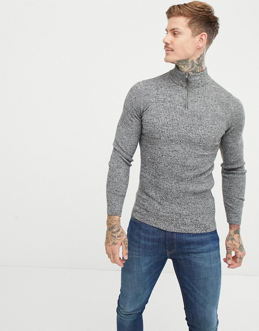 ASOS DESIGN muscle fit ribbed half zip sweater in gray twist – Gray ...