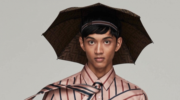 FENDI shirt £850, trousers £550, umbrella hat £250 and tie £100