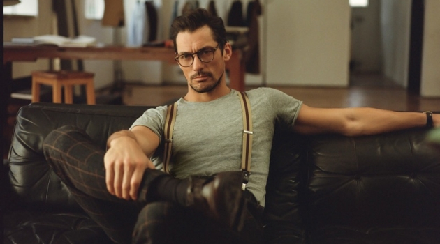 David Gandy is a smart vision in a fitted t-shirt, suspenders, and windowpane print trousers.