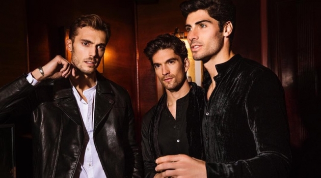 Federico Cola, David Sanz, and Brandon Goss sport leather and velvet looks from John Varvatos.