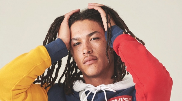 James Magee rocks a color blocked hoodie from Levi's Red Tab's spring-summer 2019 collection.