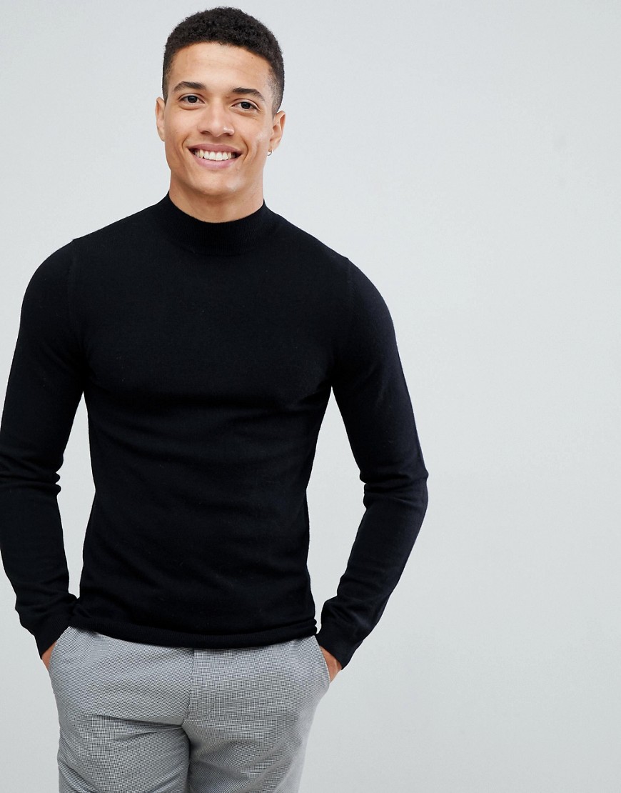 ASOS DESIGN muscle fit merino wool turtleneck sweater in black – Black ...