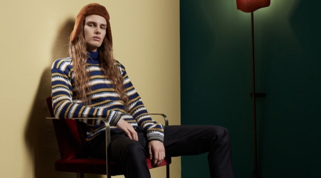 Sporting a striped sweater, Sair Tan appears in Luca Larenza's fall-winter 2019 lookbook.