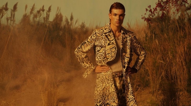 Luka Isaac sports a leopard print outfit for Roberto Cavalli's spring-summer 2019 campaign.