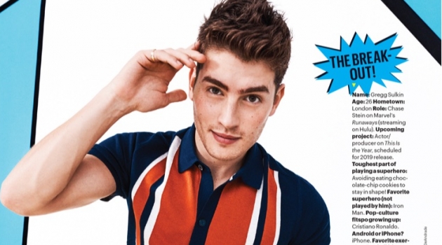 Gregg Sulkin dons a Ben Sherman polo with a Lacoste watch and trousers.